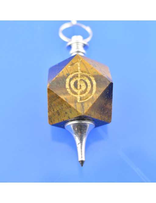 Pendule métal et oeil de tigre gravé avec chaîne argentée