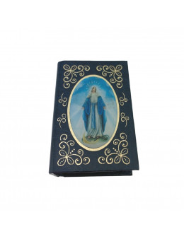 Boite à chapelet en livre bleu avec image de la vierge miraculeuse