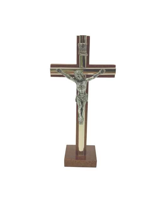 Calvaire / Crucifix / Croix bois foncé et métal argenté 14 cm