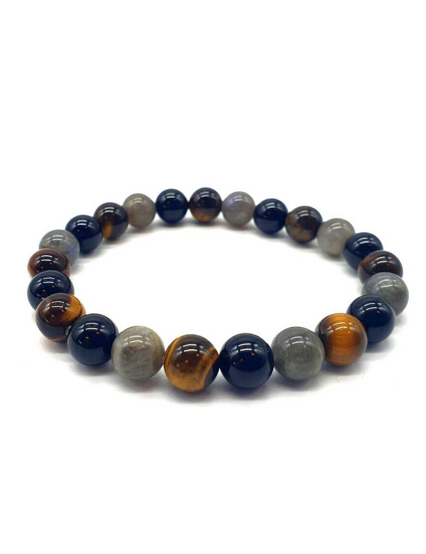 Bracelet Labradorite, Tourmaline noire, Oeil de tigre perles 8mm