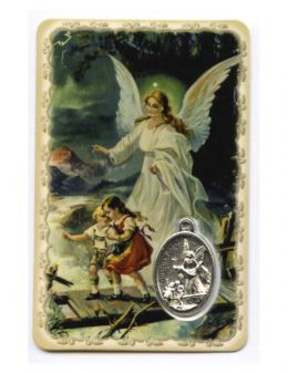 Carte plastifiée - Ange Gardien - Médailles argenté - Prière - 11 x 6 cm