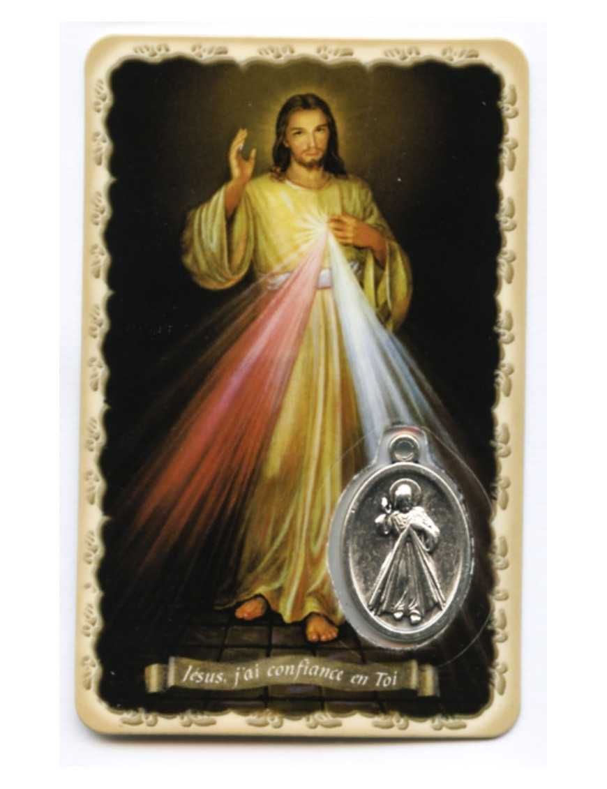 Carte plastifiée - Christ Miséricordieux - Médailles argenté - Prière - 11 x 6 cm