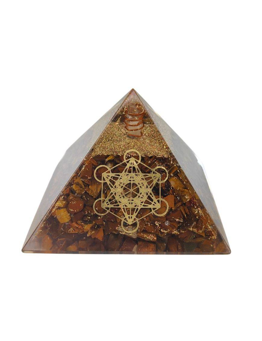Pyramide Orgonite en Œil de Tigre avec symbole metatron - L. 10 cm