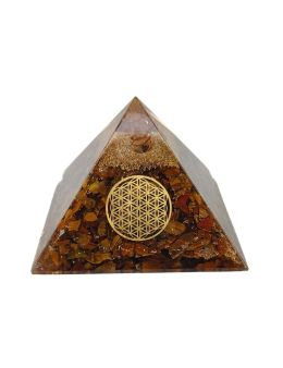 Pyramide Orgonite en Œil de Tigre avec fleur de vie - L. 10 cm