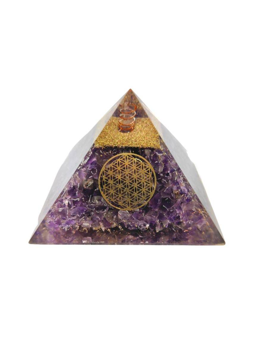 Pyramide Orgonite en Améthyste avec fleur de vie - L. 6 cm
