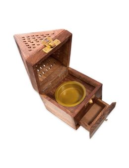 Porte Encens Coffret Tiroir en Bois de Sheesham - Pyramide - 16cm