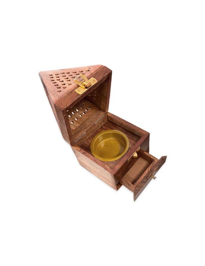 Porte Encens Coffret Tiroir en Bois de Sheesham - Pyramide - 16cm