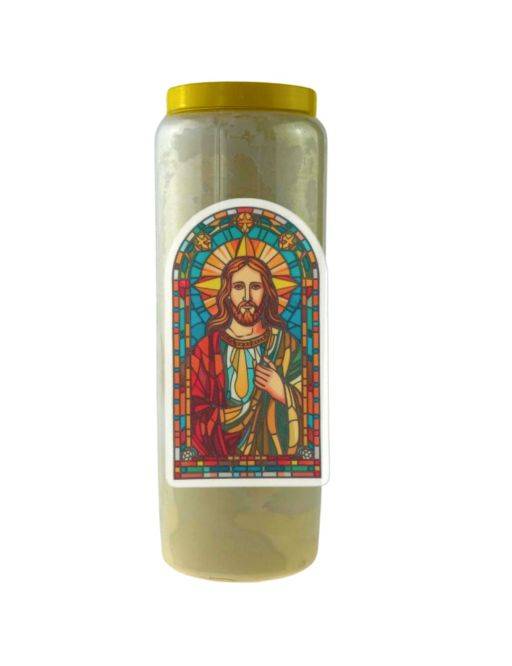 Bougie Veilleuse Blanche 9 jours AutocollantJésus-Christ en vitrail 3 - 7x12cm Bougie Veilleuse Blanche 9 jours AutocollantJésus-Christ en vitrail 3 - 7x12cm