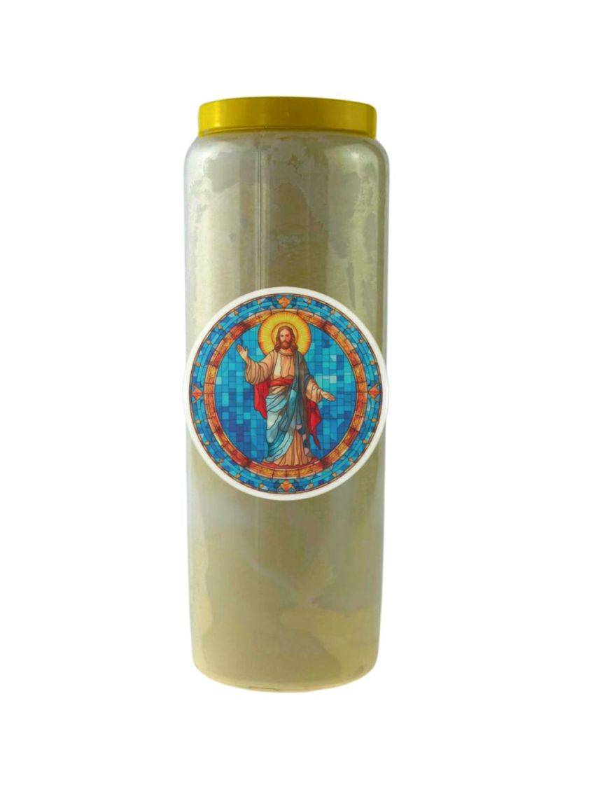 Bougie Veilleuse Blanche 9 jours AutocollantJésus-Christ en vitrail 4 - 12x12cm