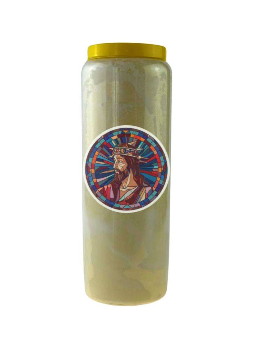 Bougie Veilleuse Blanche 9 jours AutocollantJésus-Christ en vitrail 2 - 11cm