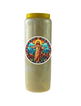 Bougie Veilleuse Blanche 9 jours AutocollantJésus-Christ en vitrail - 11cm