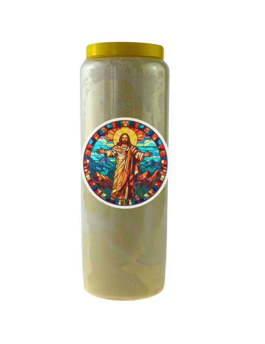 Bougie Veilleuse Blanche 9 jours AutocollantJésus-Christ en vitrail - 11cm