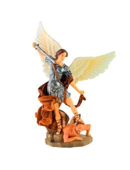 Statue de saint Michel terrassant le démon en polystone polychrome, peinte à la main, Hauteur 20cm