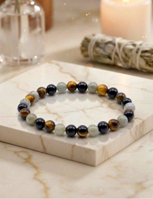 Bracelet Labradorite, Tourmaline noire, Oeil de tigre perles 6mm