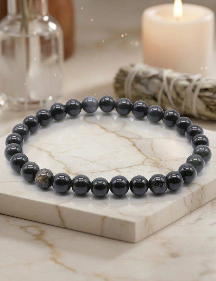 Bracelet Obsidienne Noire Dorée perles 6mm