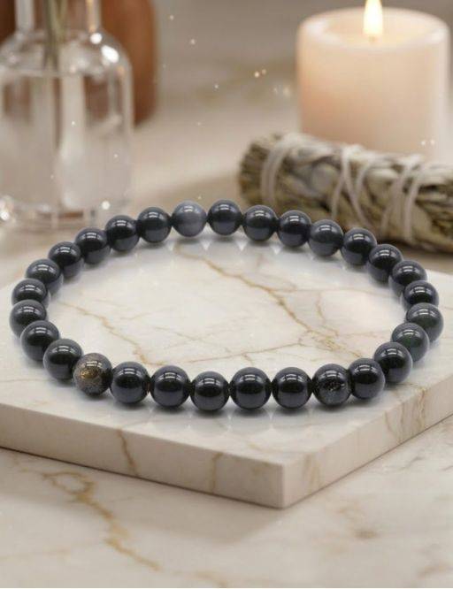 Bracelet Obsidienne Noire Dorée perles 6mm