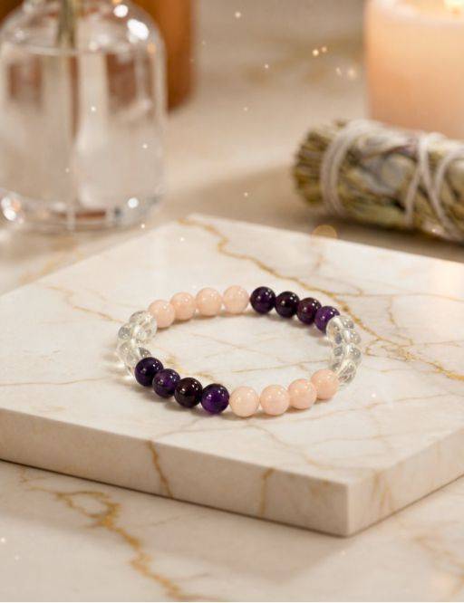 Bracelet perles 8mm - Cristal de Roche - Quartz rose - Améthyste