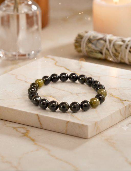 Bracelet perles 8mm - Obsidienne noire dorée