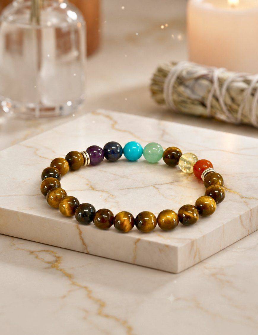 Bracelet perles 8mm - Oeil de tigre - 7 Chakras