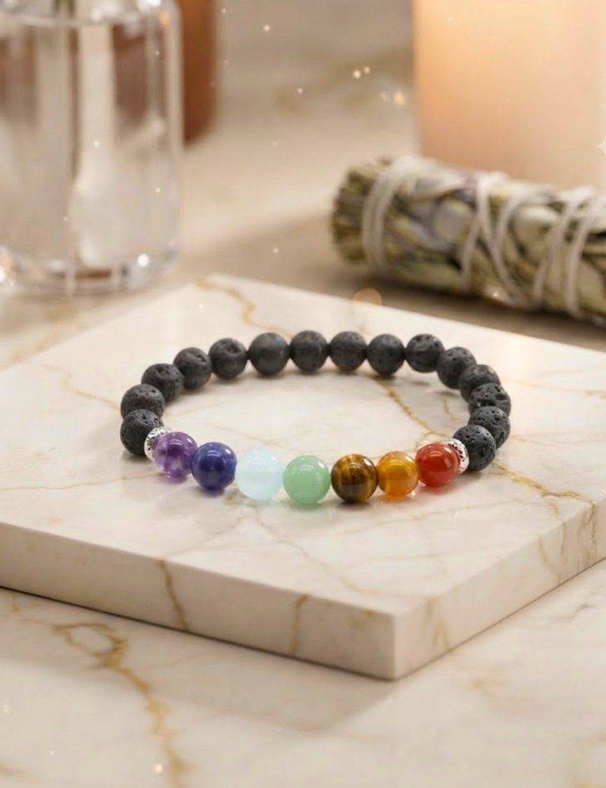 Bracelet Pierre de Lave & 7 Chakras perles 8mm