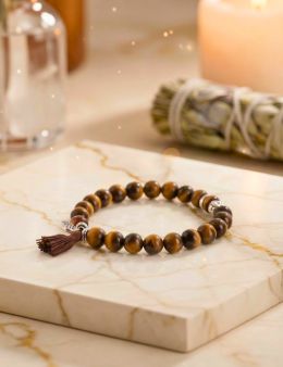 Bracelet Yoga pour femme Oeil de Tigre Pompon et Lotus