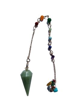 Pendule divinatoire Aventurine conique facettée, chaîne argentée avec pierres 7 chakras en décoration