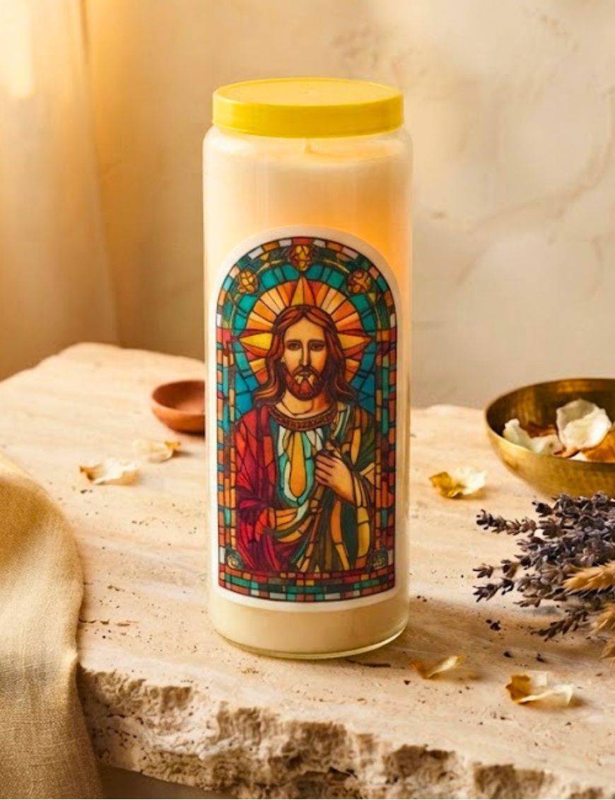 Bougie Veilleuse Blanche 9 jours AutocollantJésus-Christ en vitrail 3 - 7x12cm