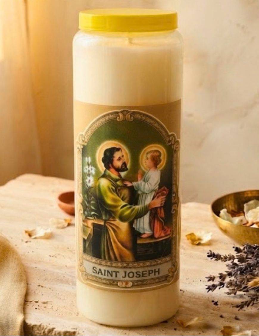 Bougie Veilleuse Blanche 9 jours Autocollant Saint Joseph - 9x12.5cm