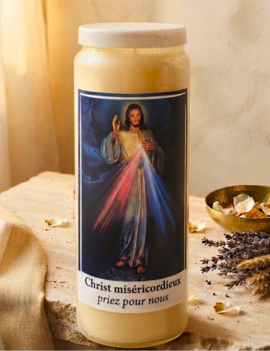 Bougie de neuvaine 9 jours 100% végétal avec autocollant du Christ miséricordieux