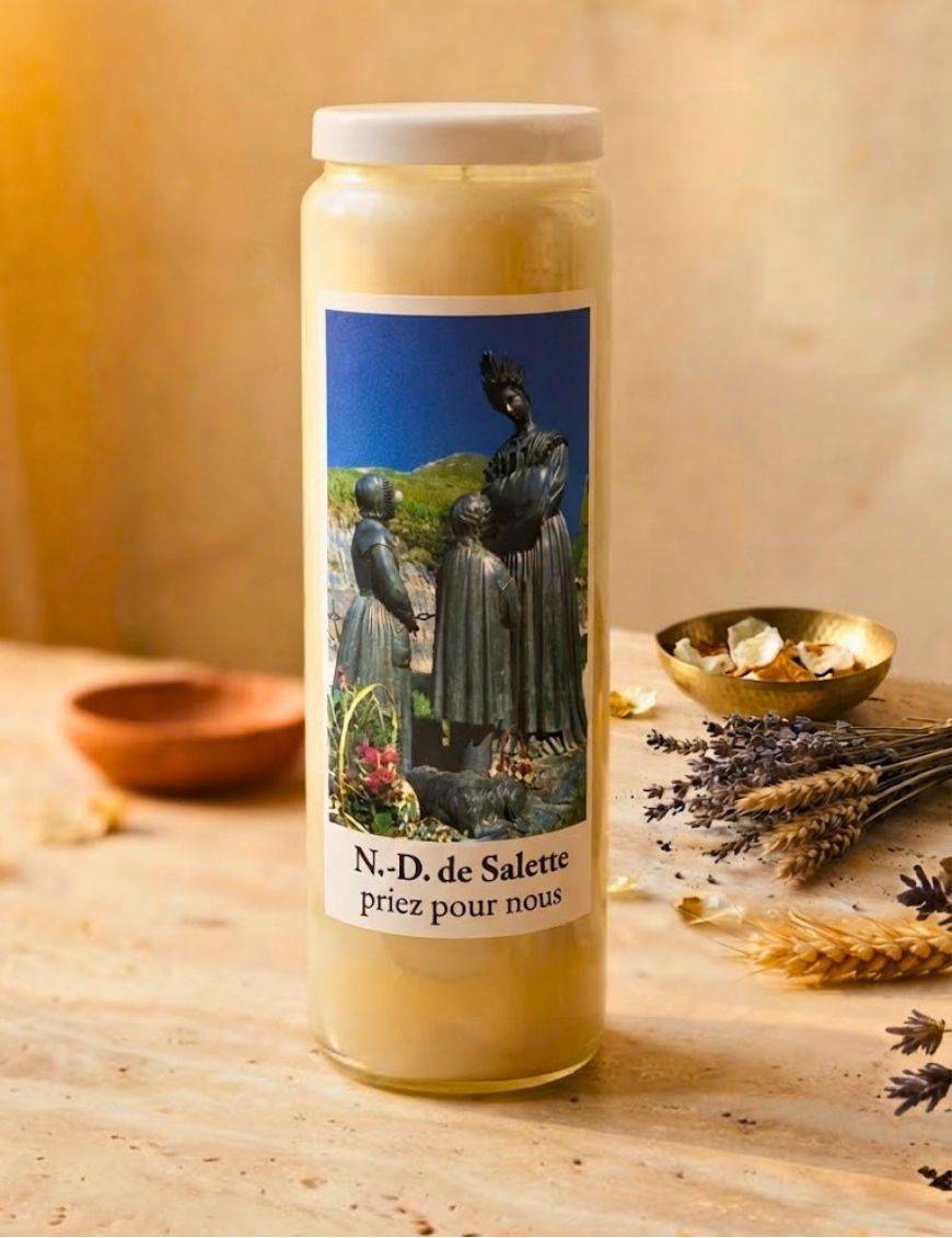 Bougie de neuvaine 9 jours 100% végétal avec autocollant de N.D. de Salette