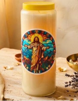 Bougie Veilleuse Blanche 9 jours AutocollantJésus-Christ en vitrail - 11cm