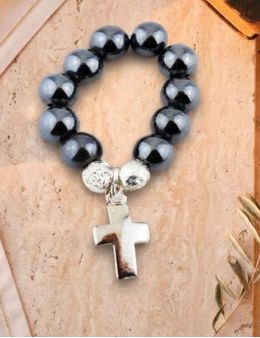 Dizainier élastique hématite et croix en métal argenté