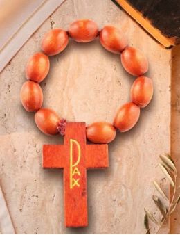 Dizainier corde, perles ovales bois marron et croix Pax