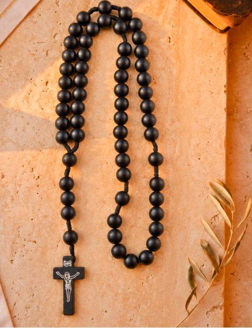 Chapelet corde, grosses perles noires en bois