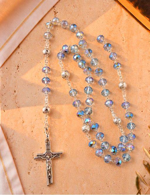 Chapelet Chaine - Crucifix - Perles Bleu-Mauves