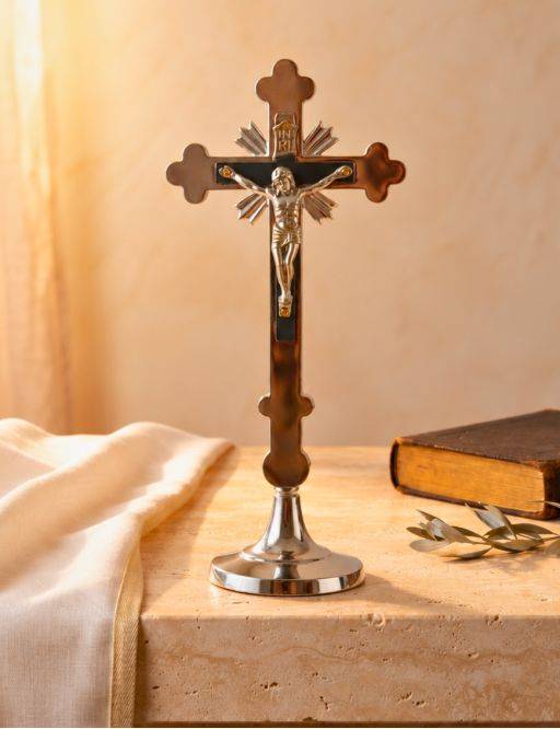 Crucifix sur pied ou calvaire métal 18 cm