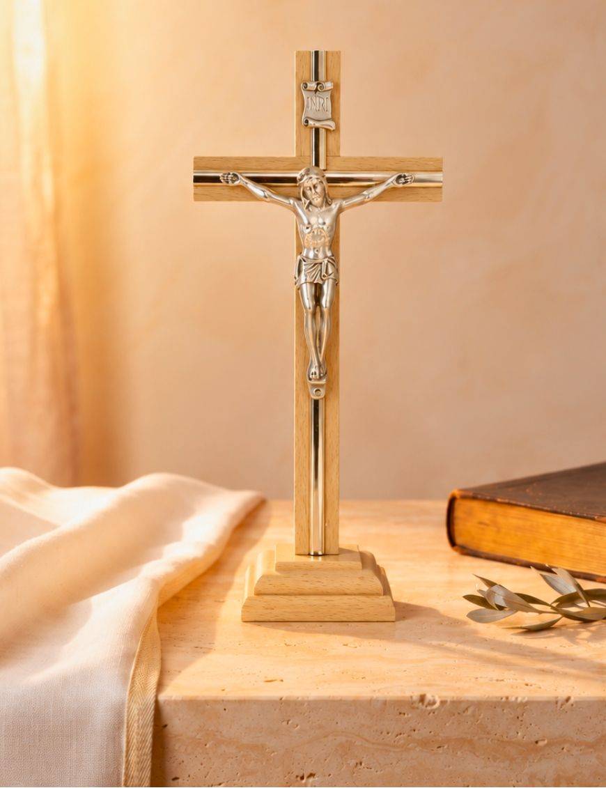Crucifix sur pied ou calvaire avec Christ métal 20cm