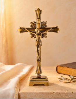 Crucifix sur pied ou calvaire bronze moderne 18 cm