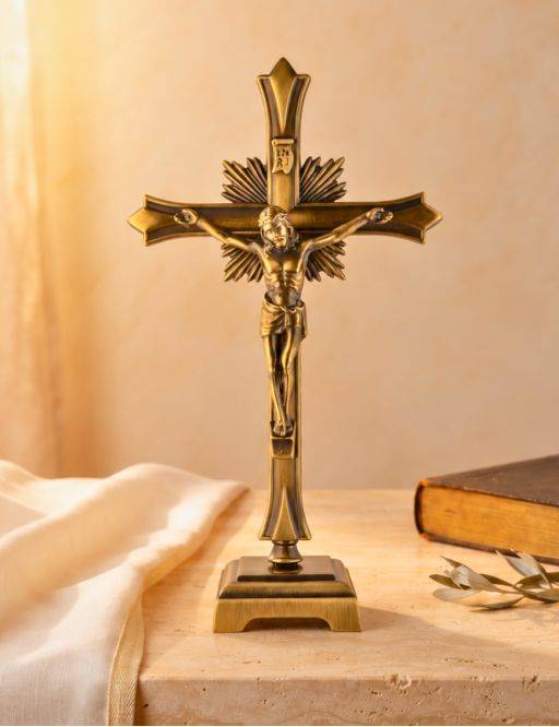 Crucifix sur pied ou calvaire bronze moderne 18 cm