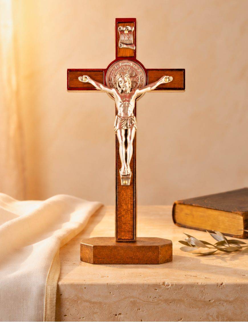 Calvaire / Crucifix / Croix de Saint Benoit bois et métal argenté