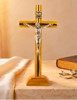 Crucifix sur pied / calvaire / croix sur pied en bois naturel et métal