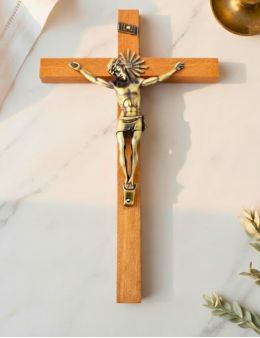 Grand crucifix bois, Christ métal bronze, 43 cm