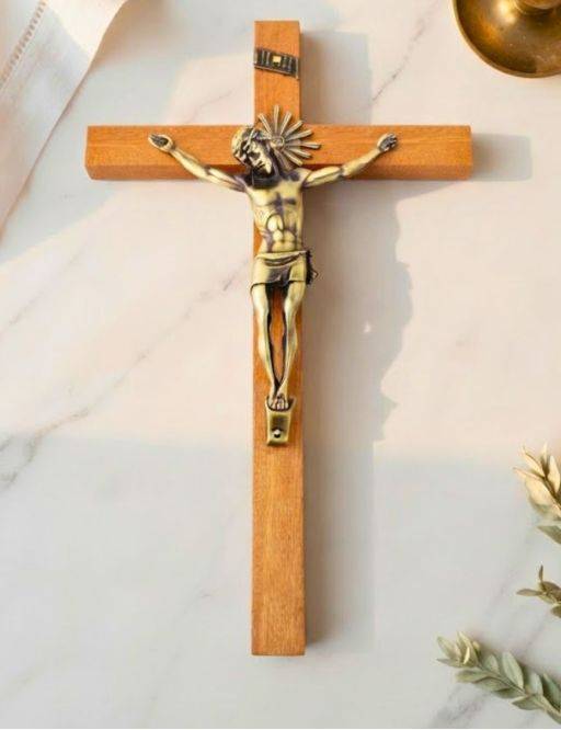 Grand crucifix bois, Christ métal bronze, 43 cm