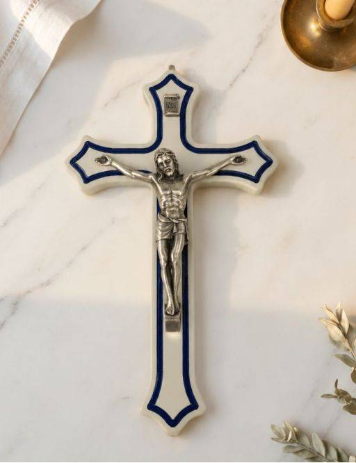 Crucifix résine - Blanc et Bleu - 25 cm