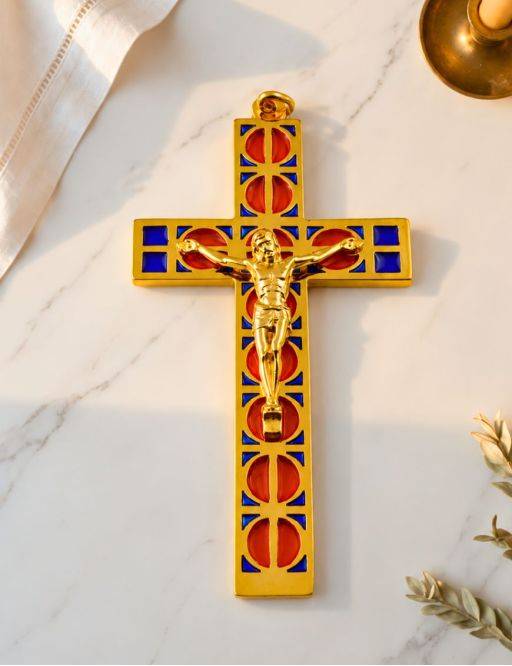 Crucifix métallique vitrail avec Christ