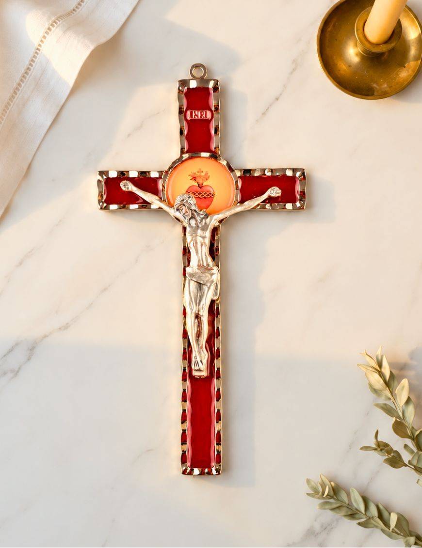 Crucifix / croix de Saint Benoit métal et émail avec Sacré Coeur de Jésus