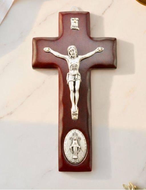Crucifix / Croix bois orné médaille Vierge Miraculeuse