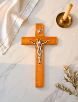Crucifix / croix bois Christ argenté 20 cm