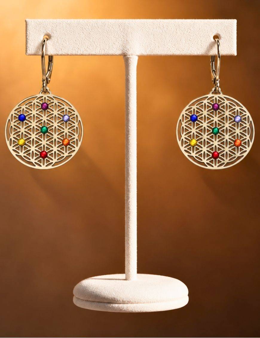 Boucles d'oreilles Acier inoxydable - 7 chakras - Hexagonale