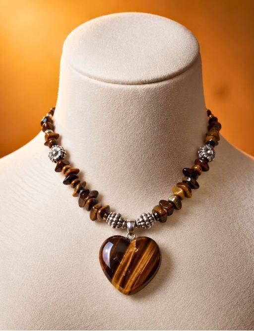 Collier pendentif coeur Oeil de tigre et perles baroques
